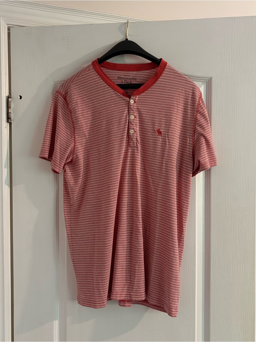 Abercrombie & Fitch Men's Salmon Red Striped Henley Shirt